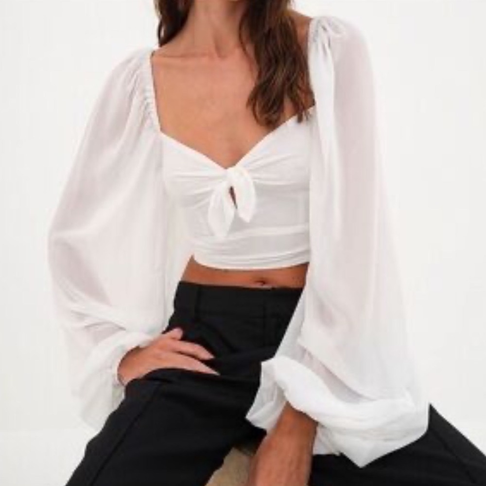 NWT For Love & Lemons Trisha Crop Top White Square Neck Long Sleeve Tie Front XS - Picture 1 of 13